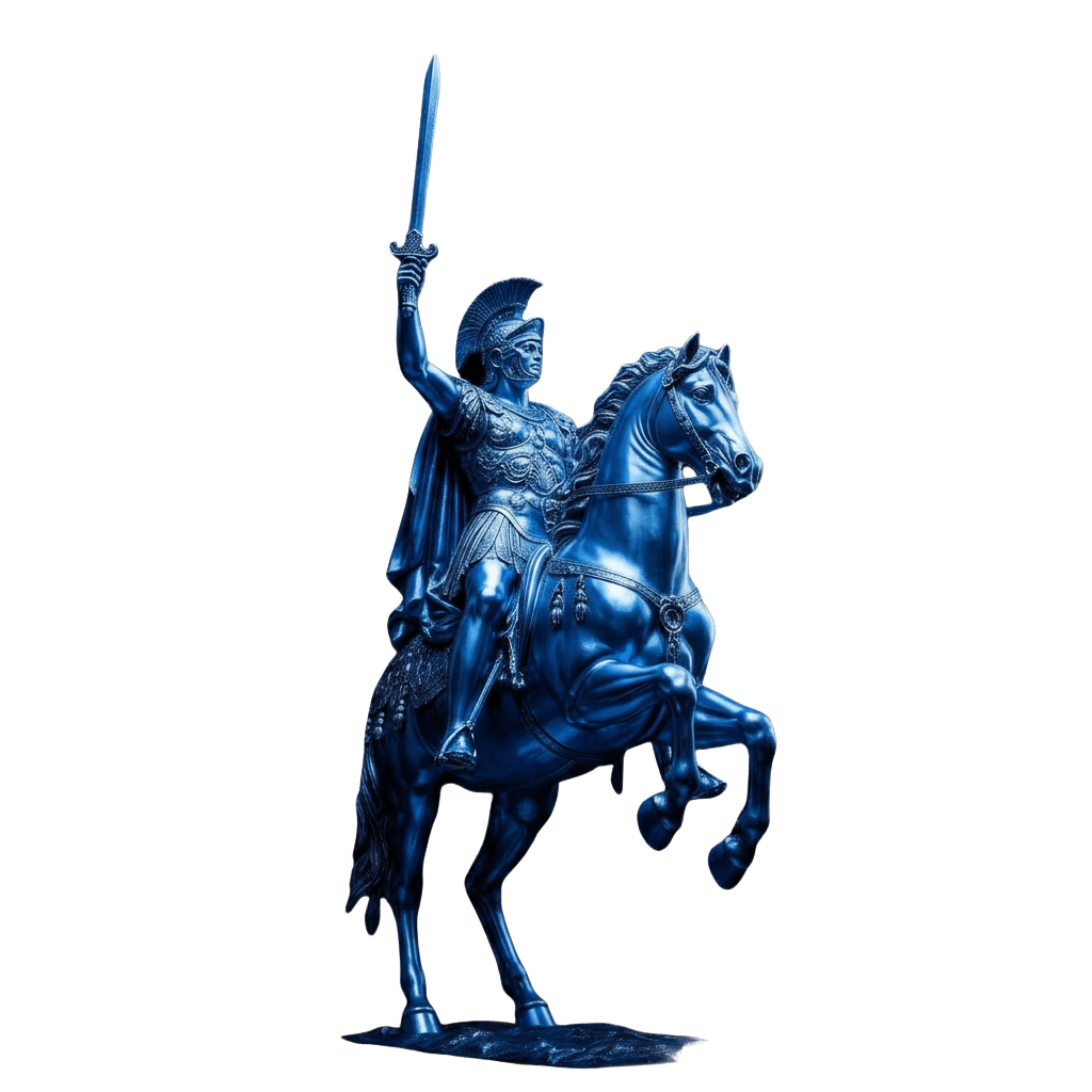 Blue equestrian statue with raised sword