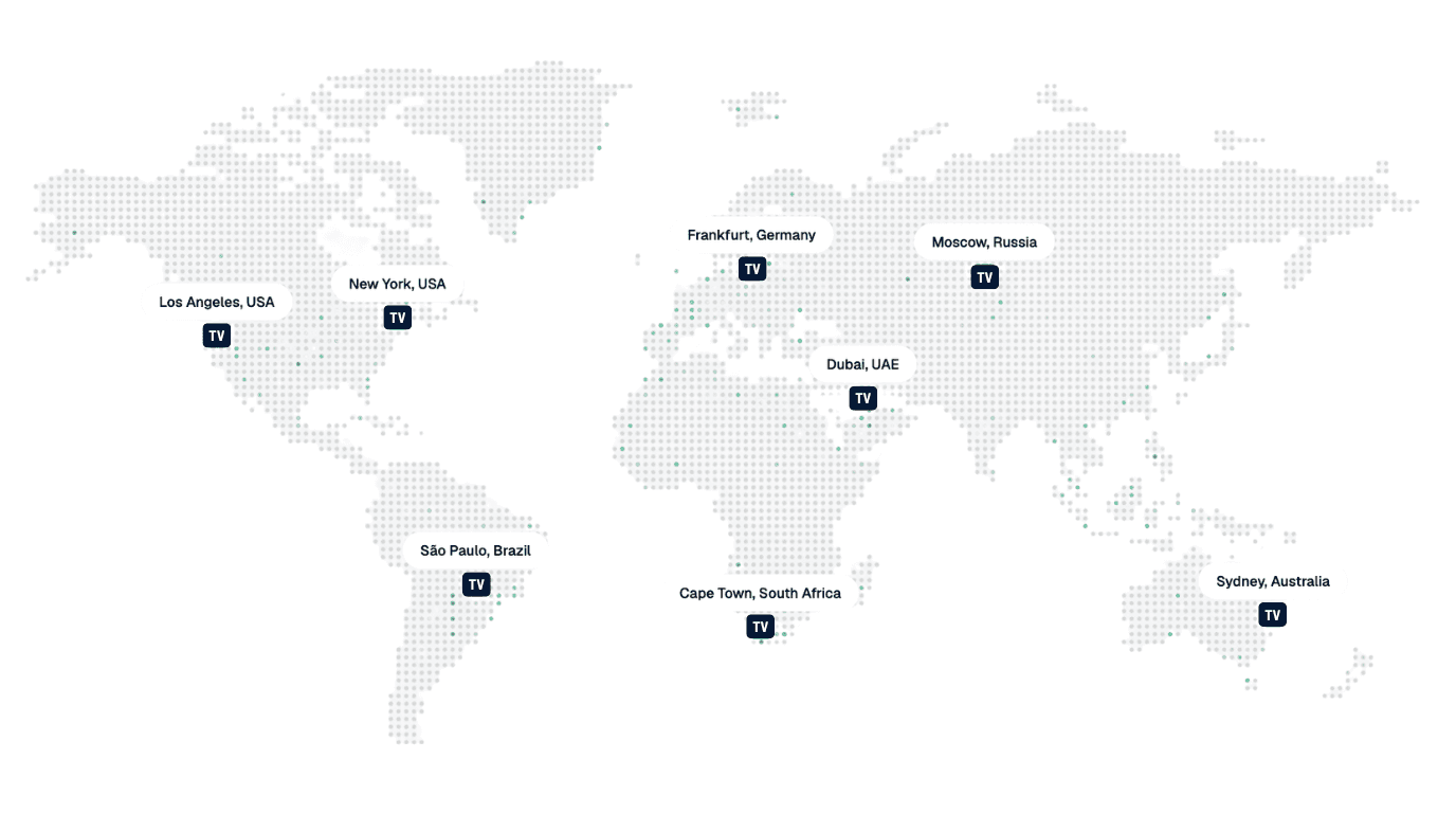 World map with funded traders marked in Los Angeles, New York, São Paulo, Frankfurt, Moscow, Dubai, Cape Town and Sydney